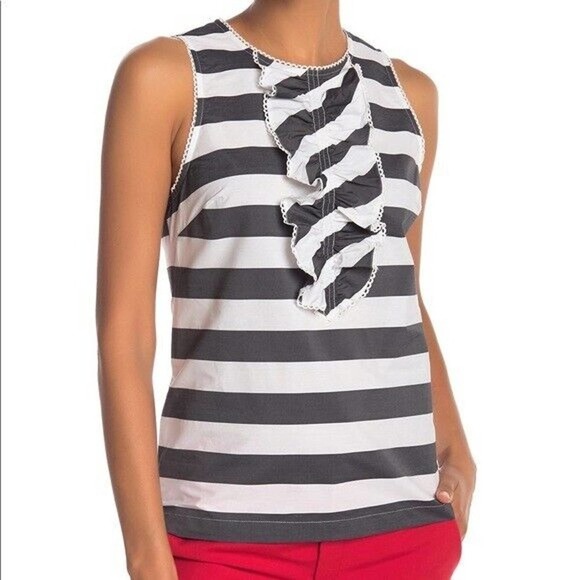 Trina Turk Evergreen Black and White Striped Ruffle Front Top Sz XS - Picture 1 of 9
